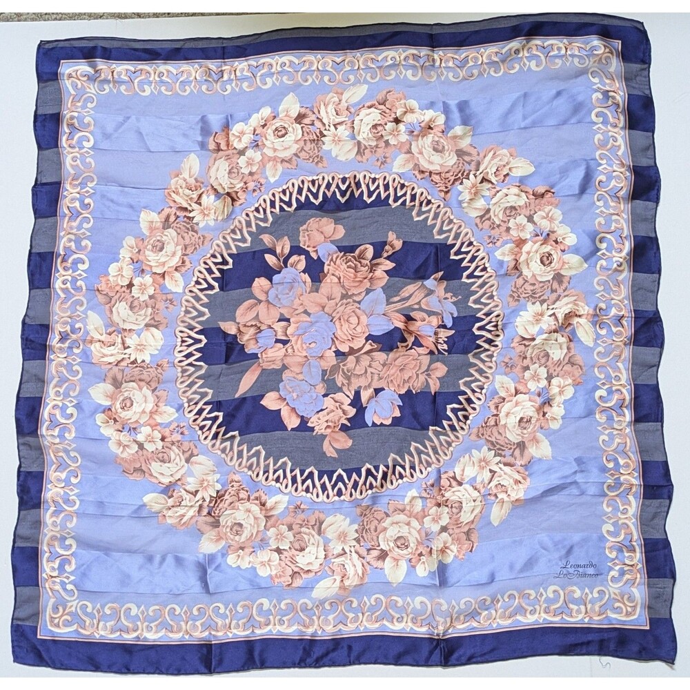 Leonardo Lo Bianco Silk Scarf Floral Blue Gold 33.5x33.5 inch